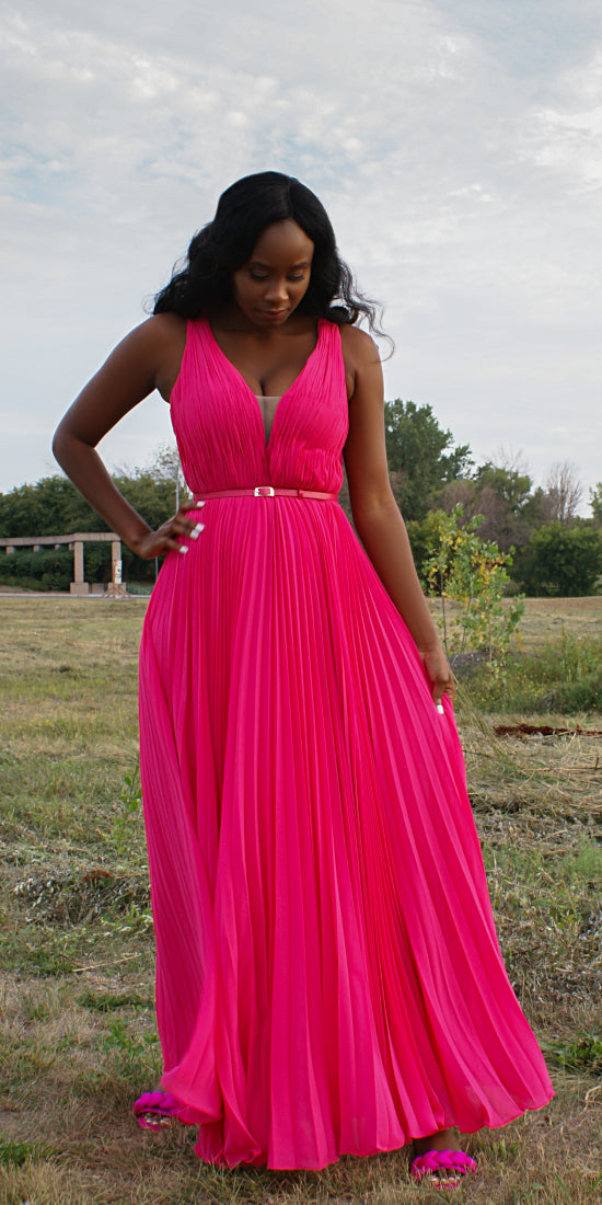 Come-Pleat Perfection Fuchsia Dress