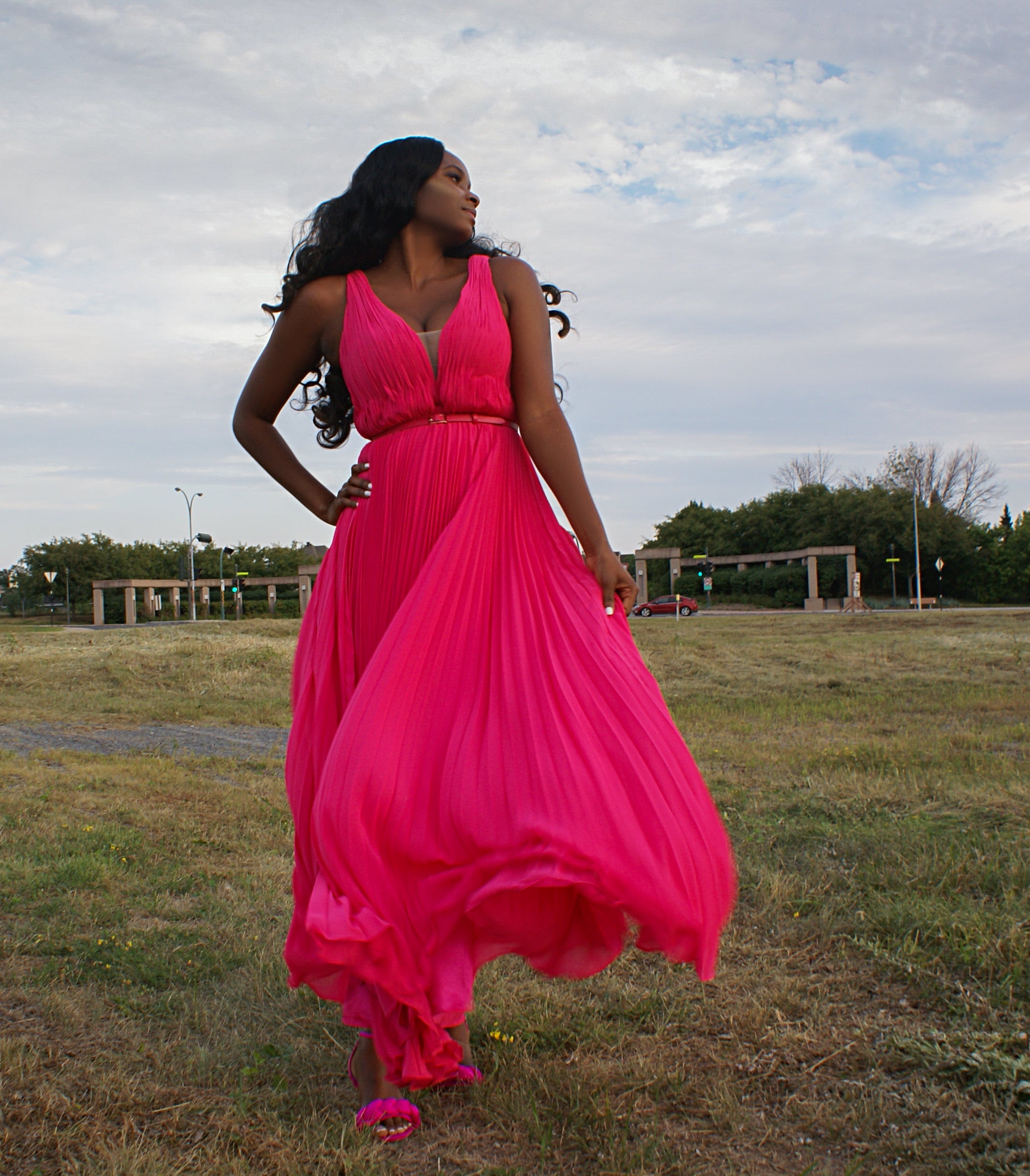 Come-Pleat Perfection Fuchsia Dress